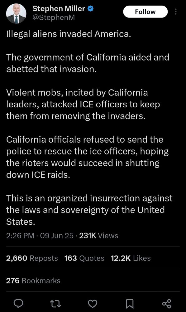 Illegal aliens invaded America.

The government of California aided and abetted that invasion.

Violent mobs, incited by California leaders, attacked ICE officers to keep them from removing the invaders.

California officials refused to send the police to rescue the ice officers, hoping the rioters would succeed in shutting down ICE raids.

This is an organized insurrection against the laws and sovereignty of the United States.