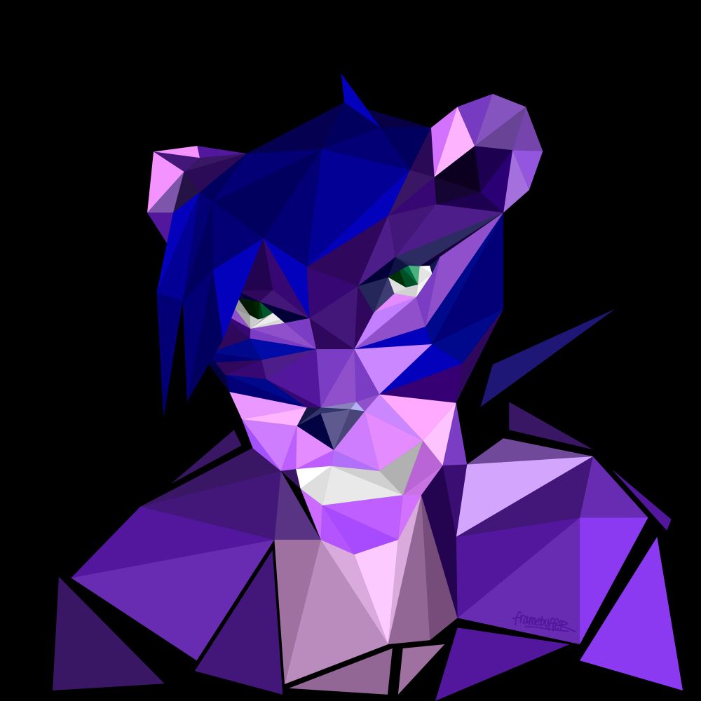 An anthropomorphic purple feline, with a cheeky grin, in a flat-shaded low-poly art style
