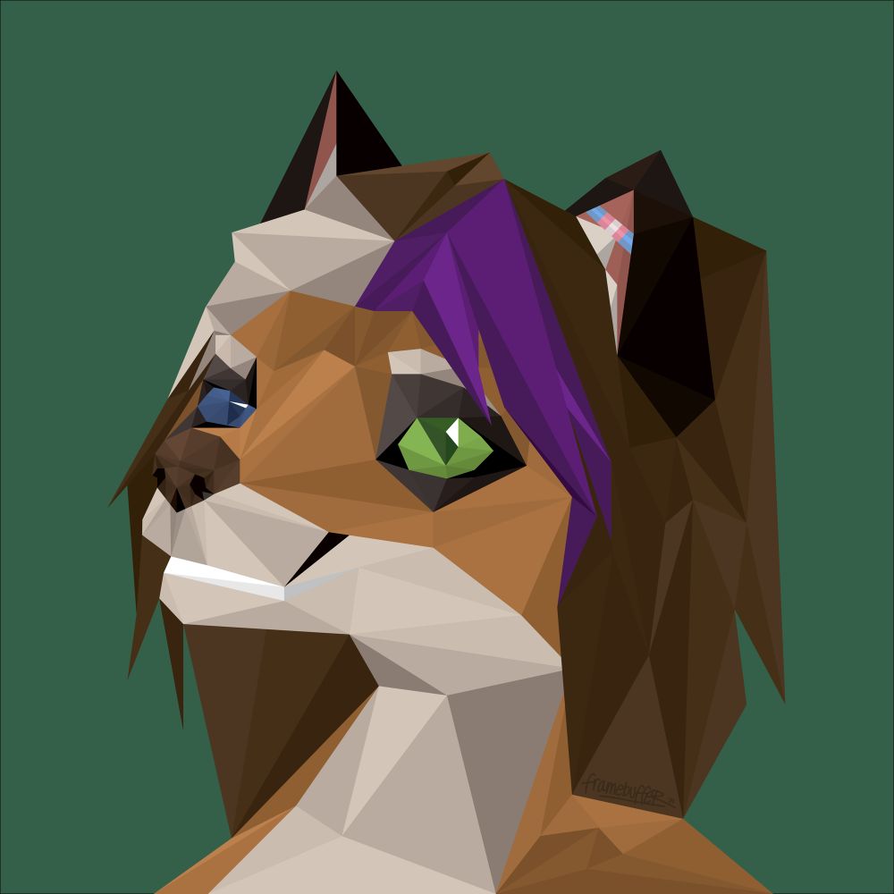 An anthropomorphic fox, in a flat-shaded low-poly style.