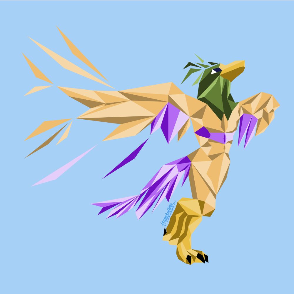 An anthro bird taking flight, on a low-poly triangular flat-shaded style. 