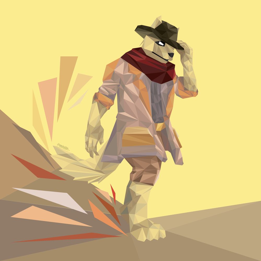 An anthropomorphic fox on a desert, dressed as
a cowboy, in a flat-shaded low-poly art style. 