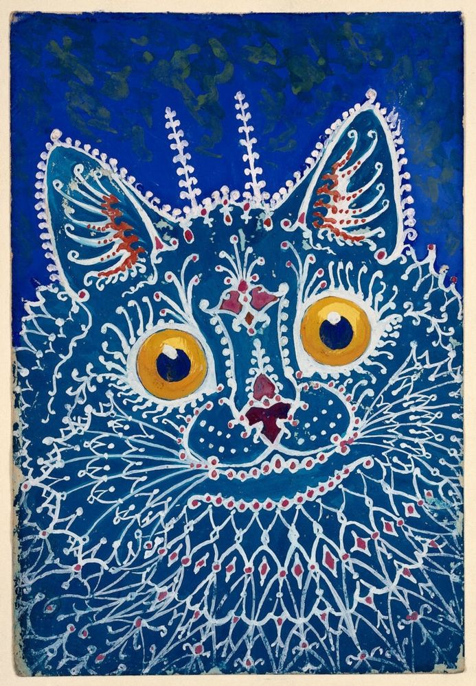 And a blue background mostly in white a cat with big yellow eyes and it is covered with elaborate decoration Gothic style is on the way this has been described words fail me 