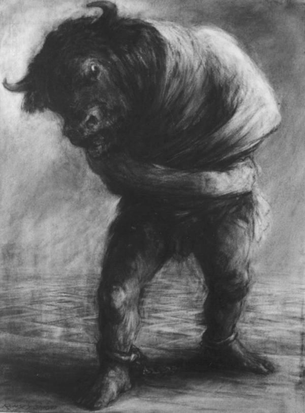 Graphite drawing of a minotaur in a straightjacket