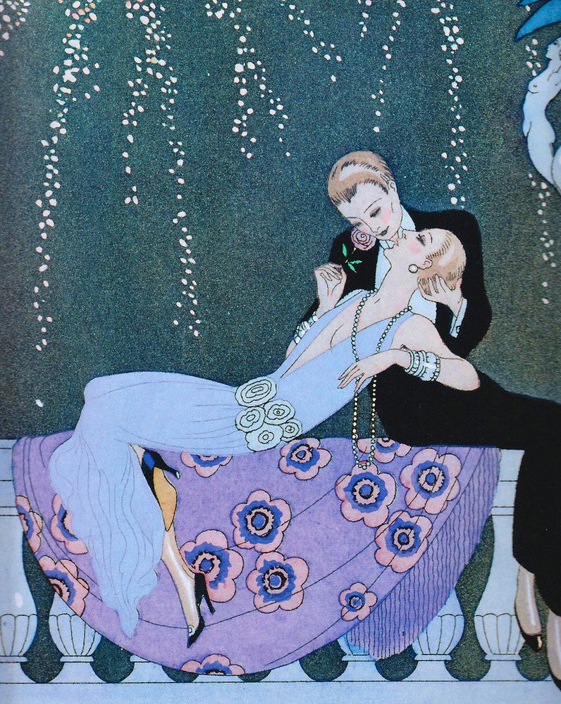 illustration of two women embracing. One, in a pale blue dress with a deeply plunging neckline, is reclining on a balustrade and leaning against the other, dressed in a black suit with white shirt. The second woman is sitting on the balustrade and cradling the first woman's head .