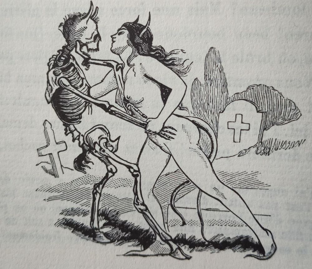 Black and white art of a naked woman with horns dancing with the skeleton with horns and a graveyard 