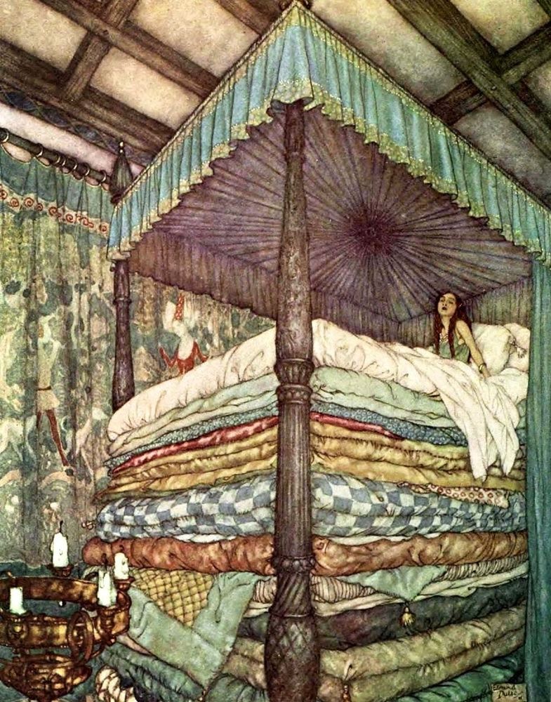 Painting of a young woman sleeping in a gigantic canopy bed on top of a stack of mattresses taller than she is 
