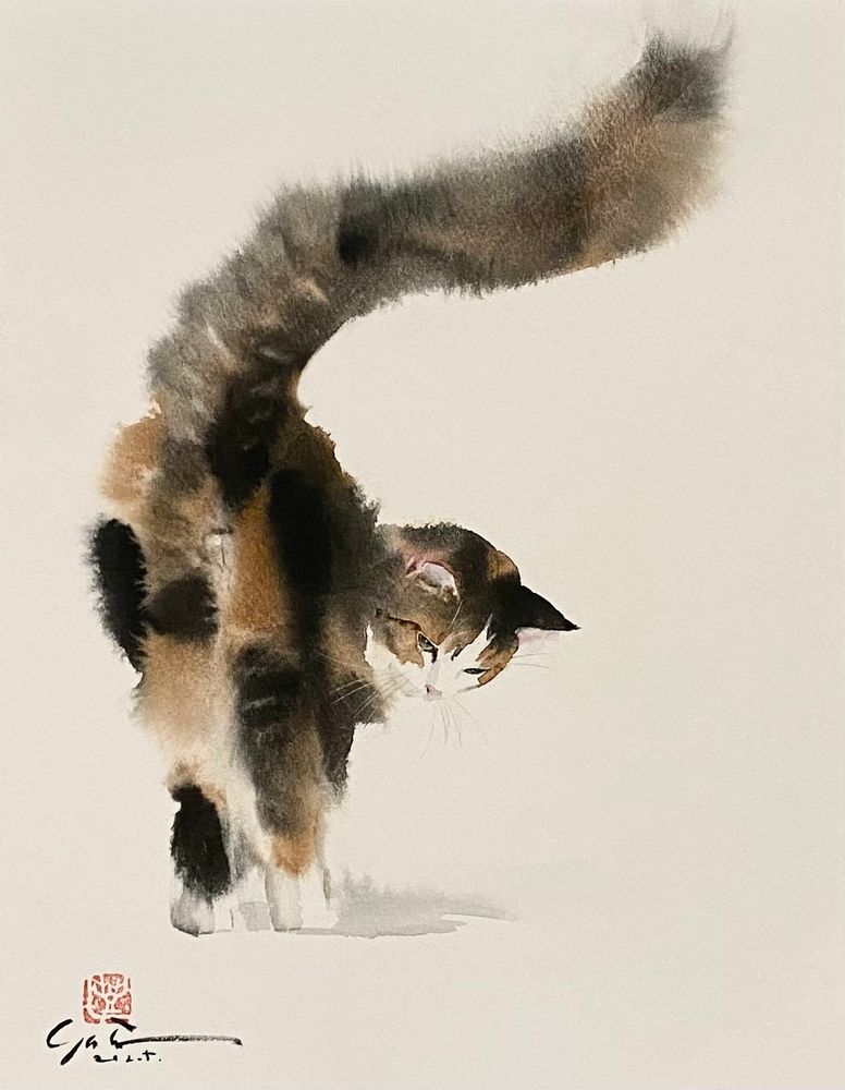 Painting of the Calico cat standing up arching its back a little it's got its butt facing toward us head twisting around looking a little bit behind it and it's tail arches up like a cloud of smoke