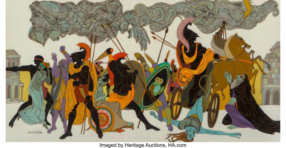 A panoramic display of ancient Greek war and violence the figures done as black Silhouettes in Imitation of ancient black figure pottery