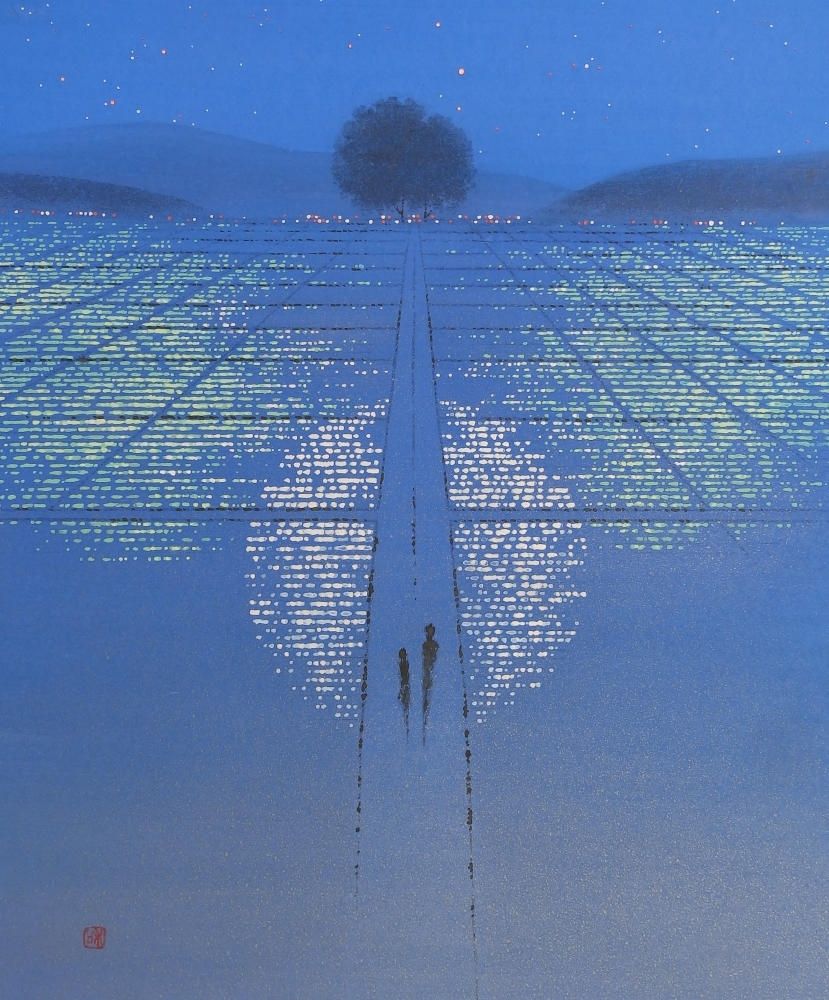 Two people walking through rice fields at night the fields are divided into a grid the people are walking down a straight path through the middle of it the fields are Shining in the distance the light to the city are shining and above Starlight is shining 