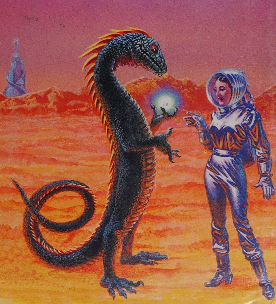 On a red planet of a woman in a shining silver space suit is having a conversation with a bipedal lizard person who is holding a glowing orb in the claws of his left front appendage