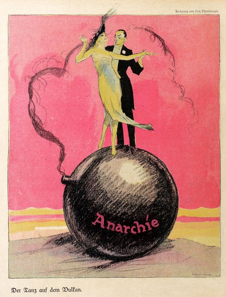 Illustration of a man in white tie and a woman in a pretty dress dancing on top of a bomb whose fuses smoking and written on the Black Bomb in Red Letters the word Anarchy 