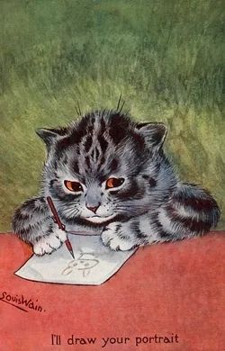 A great happy cat the grumpy Express on its face leaning over a red table where it is drawing but looks like a rabbit it's got a pencil held in one paw is holding down paper with his other paw caption underneath "I'll draw your portrait "