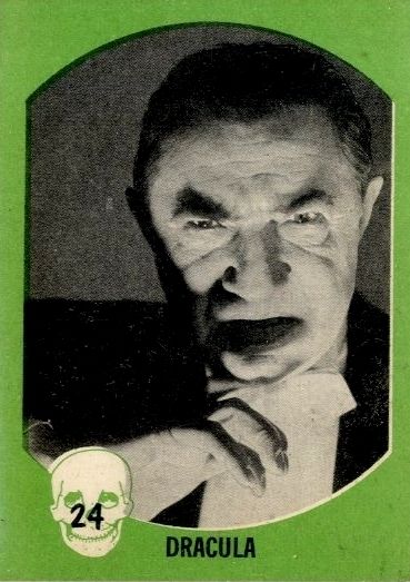 Monsters trading cards this is Dracula with a black and white image of Bella Lugosi in his most famous role 