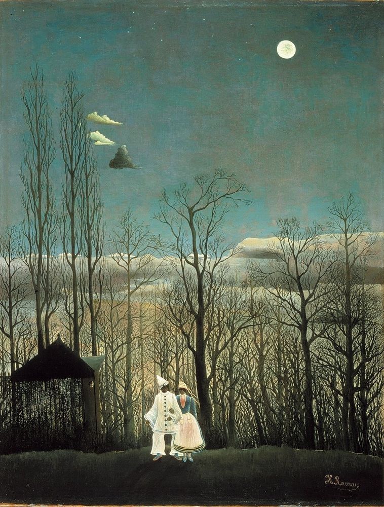 Painting good night scene there is a full moon in the sky takes up more than half the canvas small down at the bottom of it are a man and a woman she is in a blue and red dress the sort of white apron or smoke or something I don't know and he is in white Pierrot costume.
There are trees behind them in the whole thing looks simple and strange in the way are you this is work usually does