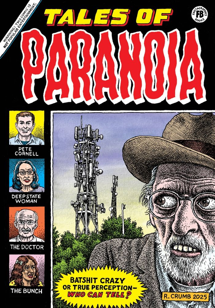 Cover of the fourth coming from comic Tales From paranoia in the extreme foreground and anxious looking peeking back over shoulder and what I think cell phone towers although exaggerated in their technological malevolence tagline

 "batshit crazy or true perception who can tell?" 