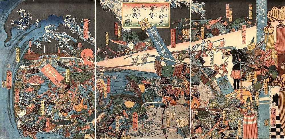 A huge wave from the left brings a marine army (mostly octopi, but some fish) towards the vegetable army on shore. Everyone has samurai armor, and there is a pumpkin on horseback. A silly, surreal scene. 