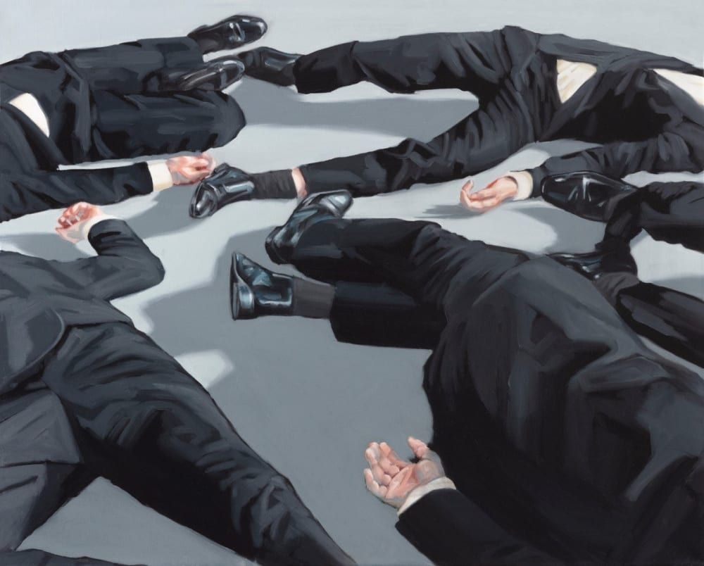 Painting of 5 men in suits lying on the ground we don't see the heads or faces of any of them just their legs and parts of their bodies 