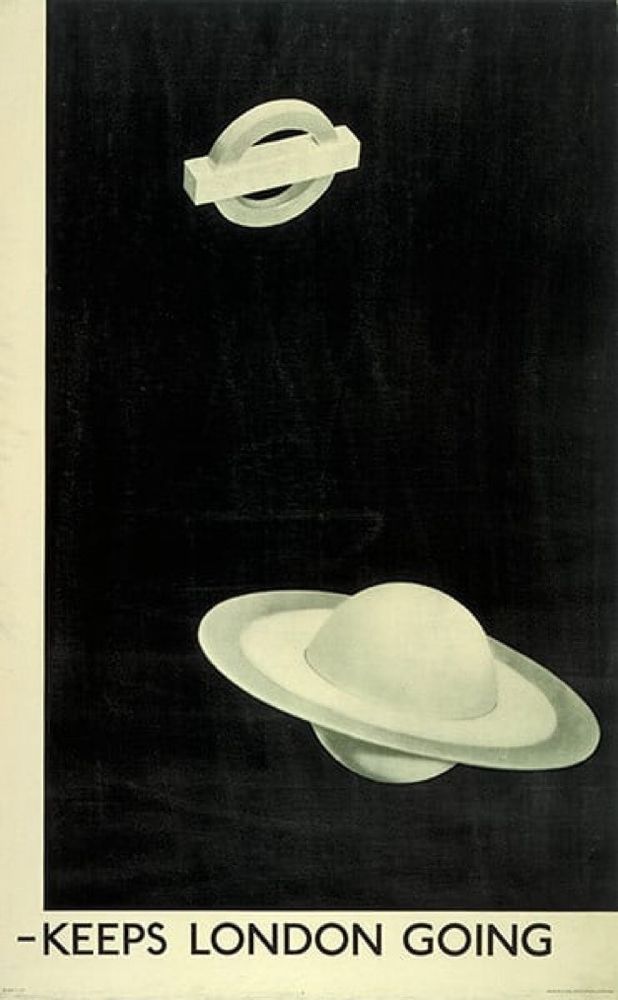 Black and white poster against a large field of black we have the planet Saturn with its rings floating in space and then smaller above them to the left of it we have London's underground logo which is basically the same shape underneath is a text keeps London going 