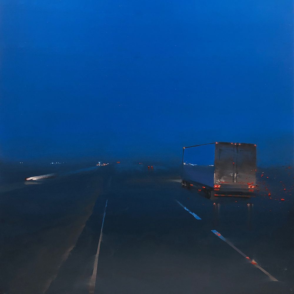 painting of a highway on a blue night seen from the driver's seat of a car in the left lane. Streaking white headlights coming, the taillights of a semi we're passing on the right.