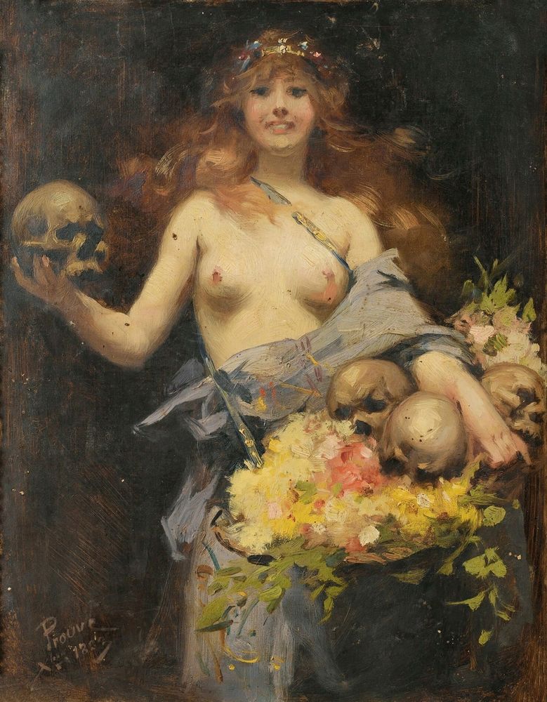 A woman with long red hair topless Jewel tiara holding out a skull and her right hand your left hand she has a big basket full of flowers and skulls she has an expression on her face that looks like a rictus a strange false strained attempt at a grin perhaps she's imitating the skulls 