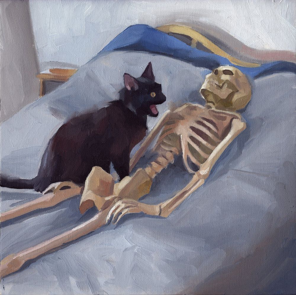 Painting of a skeleton lying on a bed with an angry black cat screaming beside it.