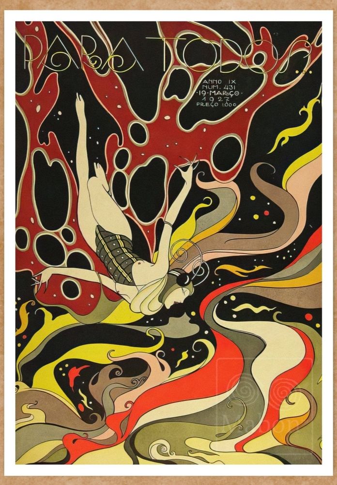 Another beautiful cover for parato's magazine by Jose Carlos this one shows a woman either flying or swimming she has sort of a breast-bearing bathing suit and a helmet with moth antenna coming off of it the substance whether liquid or gases he is moving through is in swirling colors it's just gorgeous
Also while I do try and respect everyone sensitivities sometimes it really strikes me as absurd that I'm going to slap a nudity tag on this image for two tiny dots marking the nipples of the figure on here I'm not consistent about it but I do at least sometimes try to tag images that include male nipples as nudity being resident of the state which if enforces nudity laws generally I feel I ought to 