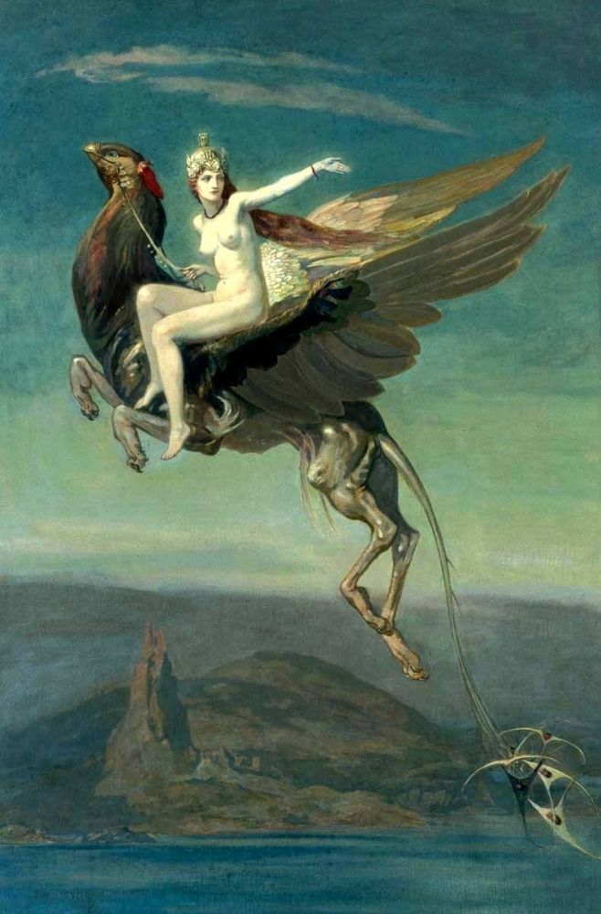 Painting of a woman wearing a crown and nothing else riding on the back of a sort of Griffin it has a bird head and huge wings and a body I'm going to say really like some sort of antelope or it's strange strange hind legs hard to describe we don't see the city but below where we see a lake and a tall Crag 