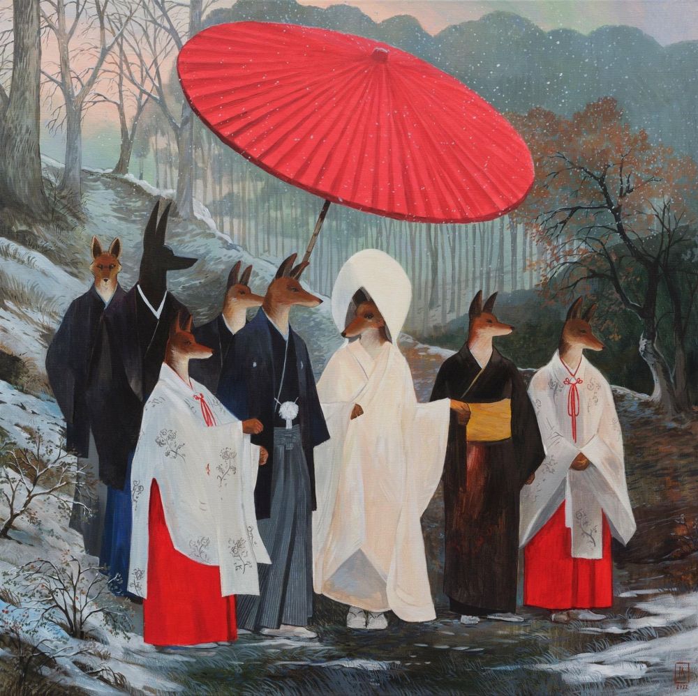 Painting of a wedding party outdoors in a hillside everyone is dressed in kimonos and Japanese traditional dress the bride and groom are under a big red round umbrella all of the members of the party have Fox heads has a Japanese Yokai except in the back there's one tall guy with a black head of a jackal that being the Egyptian god Anubis