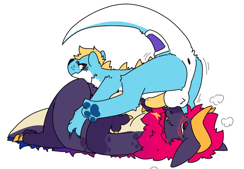 Drawing of two friendly critters, a cyan otter with yellow hair and spikes, and a larger purple kobold with pink floof and yellow horns. The otter is laying on top of his kobold friend, holding on to his belly while playfully resting his balls on the kobold's snoot. The otter's tail and one of his hindlegs is raised up nice and high for a good view!
