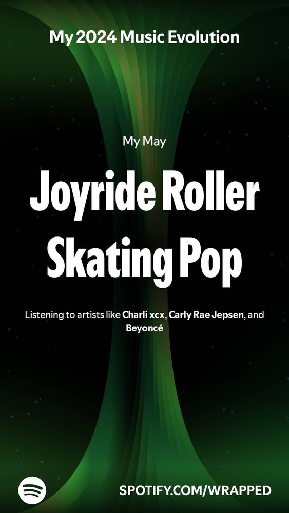 A screenshot of Spotify Wrapped saying my May genre was “Joyride Roller Skating Pop:
Listening to artists Charli XCX, Carly Rae Jepsen, and Beyoncé”