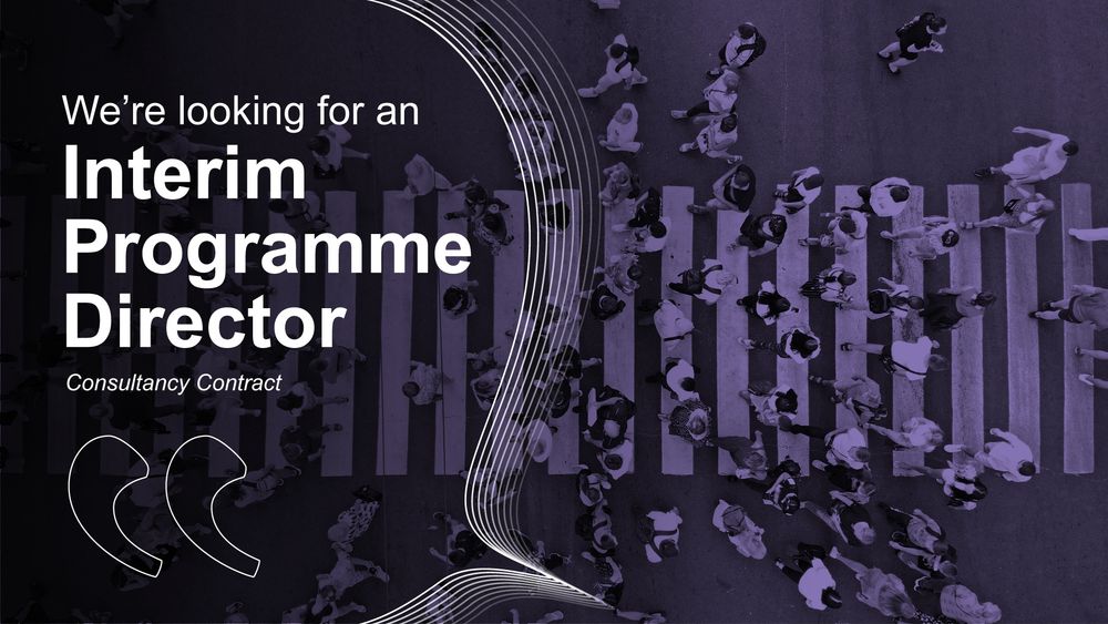 A graphic with an image of a crowd of people from overhead. Text on top reads 'we're looking for an interim programme director - consultancy contract'. 