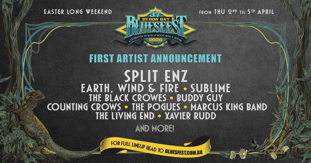 Poster for 2026 Byron Bluesfest with Split Enz headlining