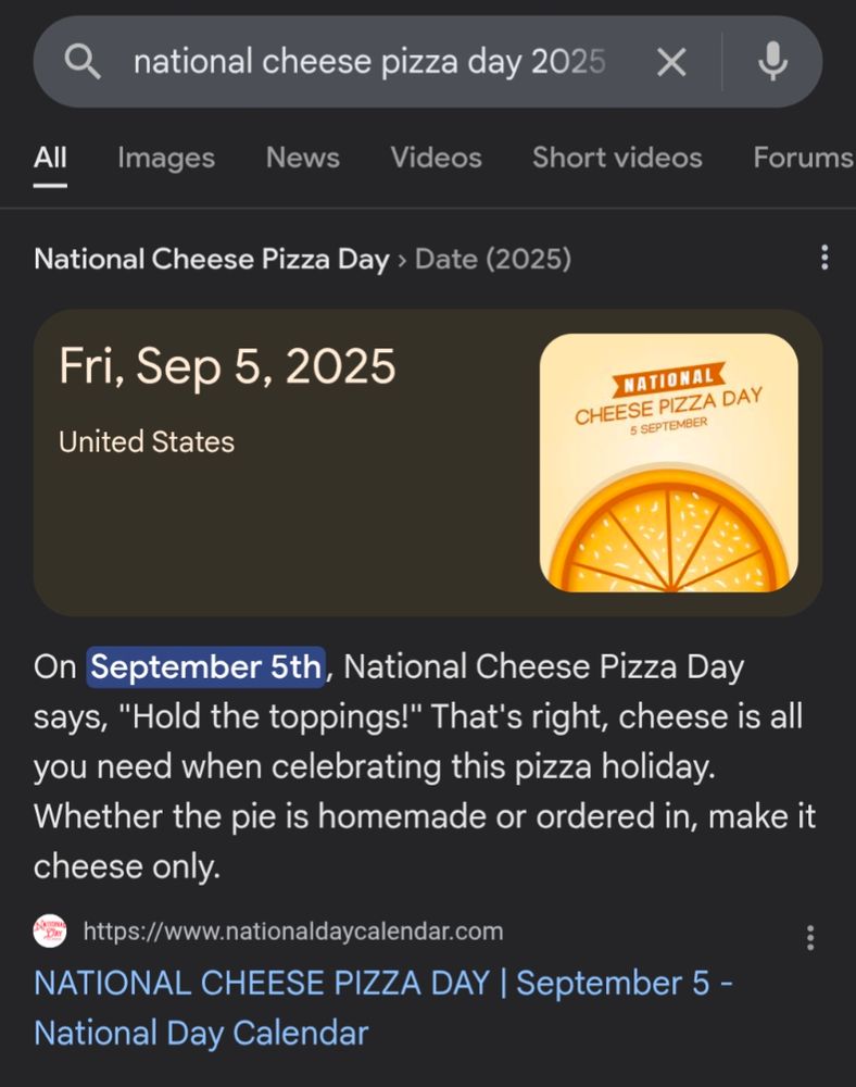 National Cheese Pizza Day is today.