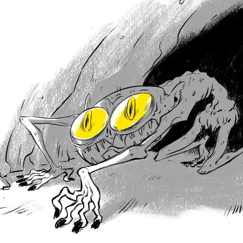 A drawing of Gollum for Lord of the Rings emerging from a dark cave, his whole body in shadow with his eyes glowing yellow, in a "creeping" position.