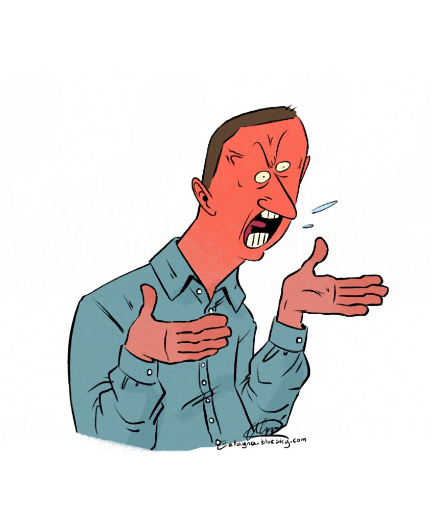 A cartoon drawing of comedian Tim Robinson from the sketch comedy show I Think You Should Leave. He has an pissed off expression and he is red in the face yelling, wearing a blue button down shirt.