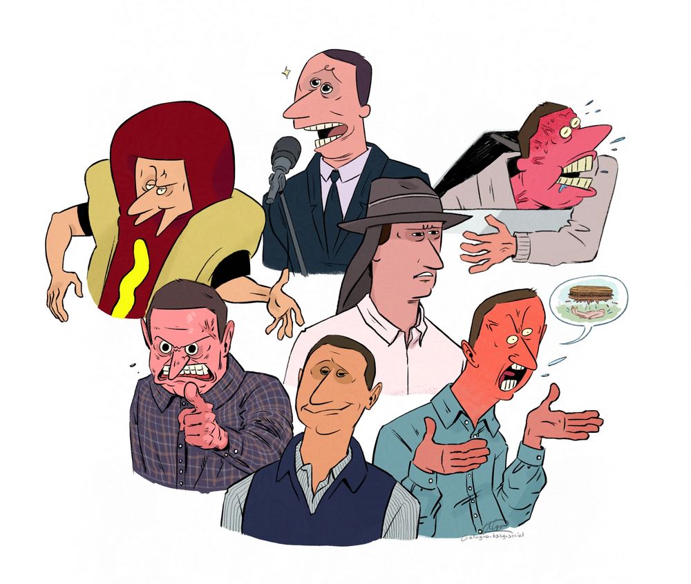 A collage of seven cartoon drawings of the comedian Tim Robinson from the sketch comedy show I Think You Should Leave. The farthest left he is in a hot dog costume looking smarmy and posing dynamically. The next one he is in a black suit and tie singing into a microphone, looking wistful. The next one he is screaming red in the face out a car window. Below that he has a puzzled look on his face wearing a fedora with safari flaps in the back. At the bottom row farthest left, he is in a dark grey plaid shirt, pointing at the viewer and baring his teeth with a feral look in his eyes. Next to that he has a smug look on his face wearing a navy fleece vest over a striped button down shirt. The last one next to that he is wearing a blue button down shirt and is red in the face shouting- above him a speech bubble showing a naked body falling out of a coffin.