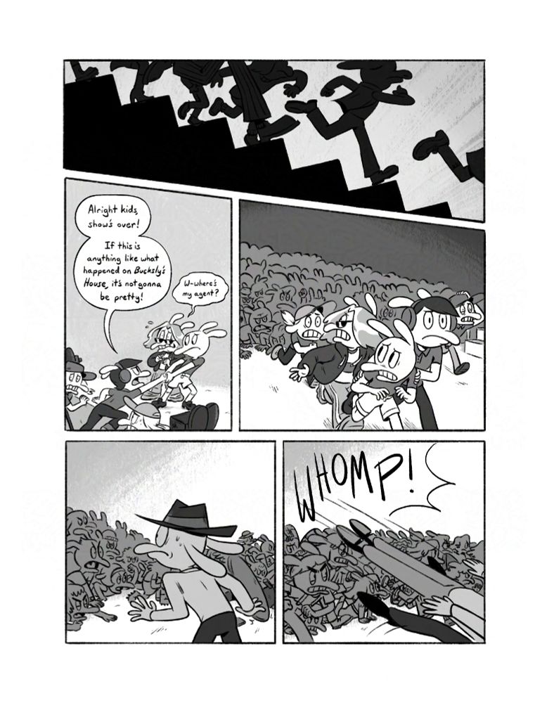 panel 1 - Silhouette of many audience members running down the steps.

panel 2 - The actor playing Liv pulls the director up on stage, the camera operators climbing the stage. Director: "Alright kids, show's over! If this is anything like what happened on 'Bucksly's House', it's not gonna be pretty!" The actor that plays Robbie stammers weakly: "W-where's my agent?"

panel 3 - The audience is charging up on stage towards the actors and crew. The director has a protective arm around the actor that plays Liv as they dart for the exit. The actor that plays Robbie and the two camera operators follow.

panel 4 - The audience is continuing to charge the stage. The actor that plays T.V. Dad stands in the foreground, stunned frozen.

panel 5 - The audience continues to charge. T.V. Dad gets tackled - WHOMP!