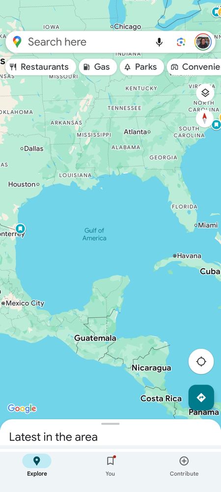 Screenshot from google maps, calling the water body between Mexico and Florida the Gulf of America