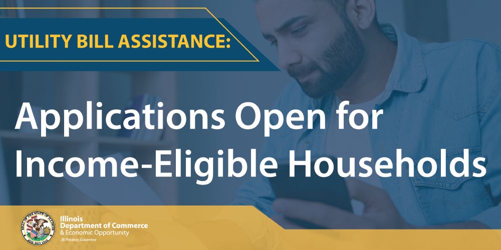 Image of man on laptop with text: Utility Bill Assistance, Applications Open for Income-Eligible Households.