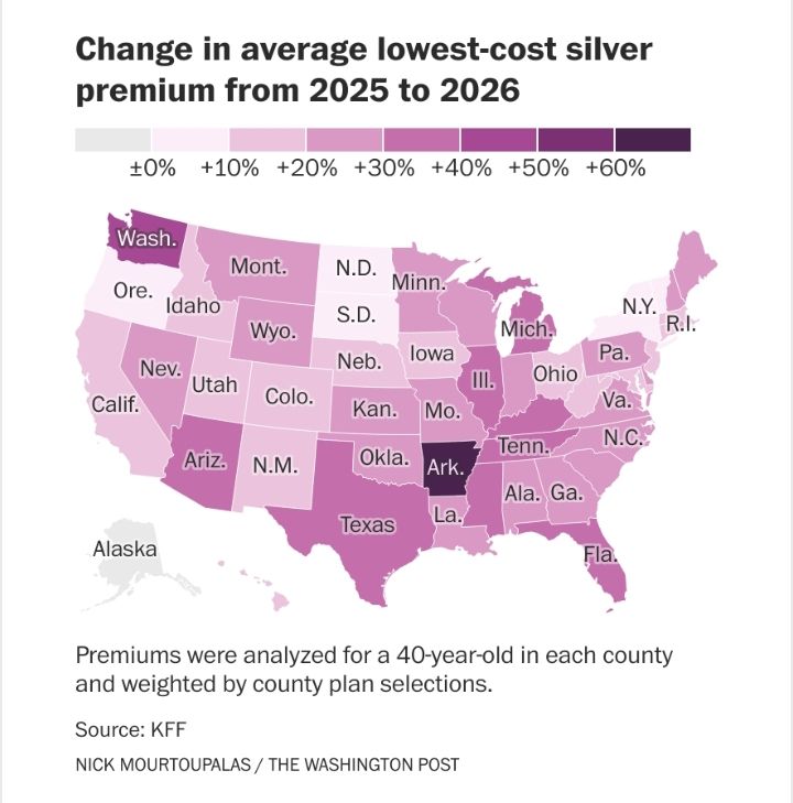 WaPo US map graphic, showing the % by which lowest-cost silver ACA plan premiums are rising, by state. 