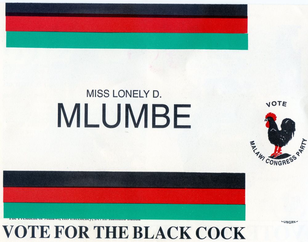 Malawi Congress Party flyer from the 1994 election featuring the party's black cockerel logo. Candidate: Miss Lonely D Mlumbe. Slogan: Vote for the Black Cock.