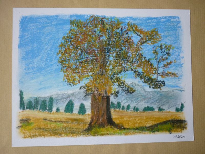 Im Vordergrund steht ein herbstlich belaubter Baum auf einer Wiese. Im Hintergrund sieht man Nadelbäume und die Berge, der Himmel ist blau. Ölpastell.