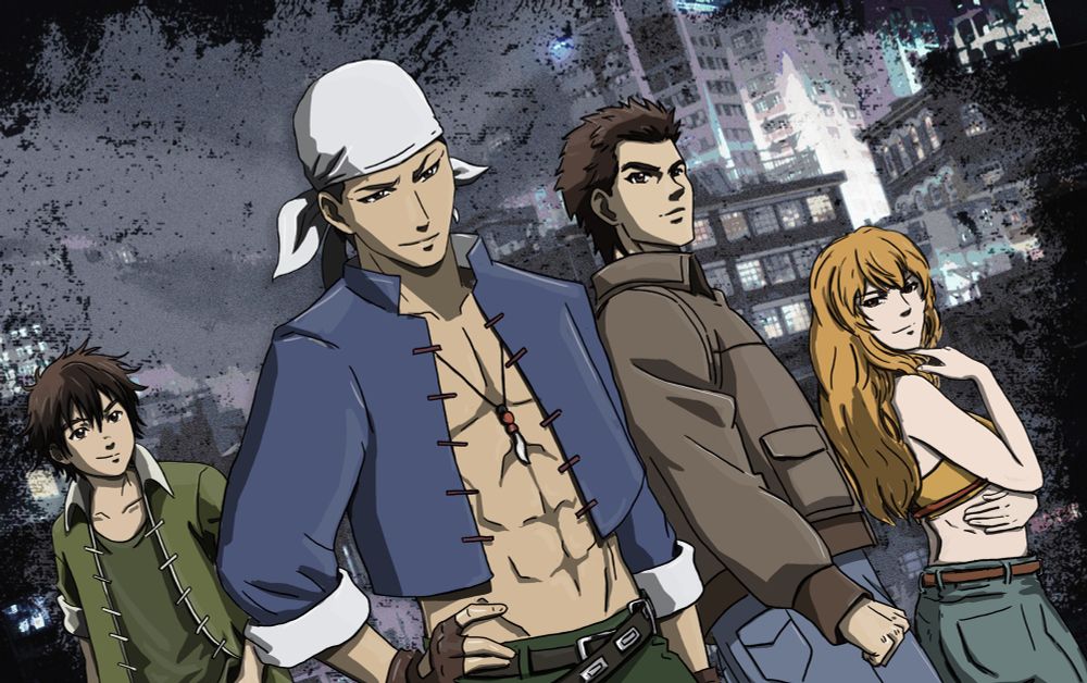 Coloured art of Ren, Ryo, Joy and Wong from Shenmue in the style of the animation, with the buildings of Aberdeen and Wan Chai at night shown in the background