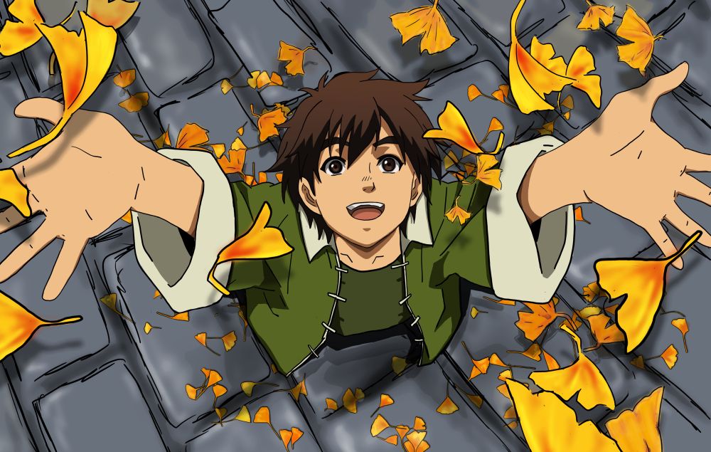 Coloured drawing of Wong from Shenmue II and the Shenmue anime smiling as he looks upwards, his arms outstretched, and yellow ginkgo leaves falling down over him