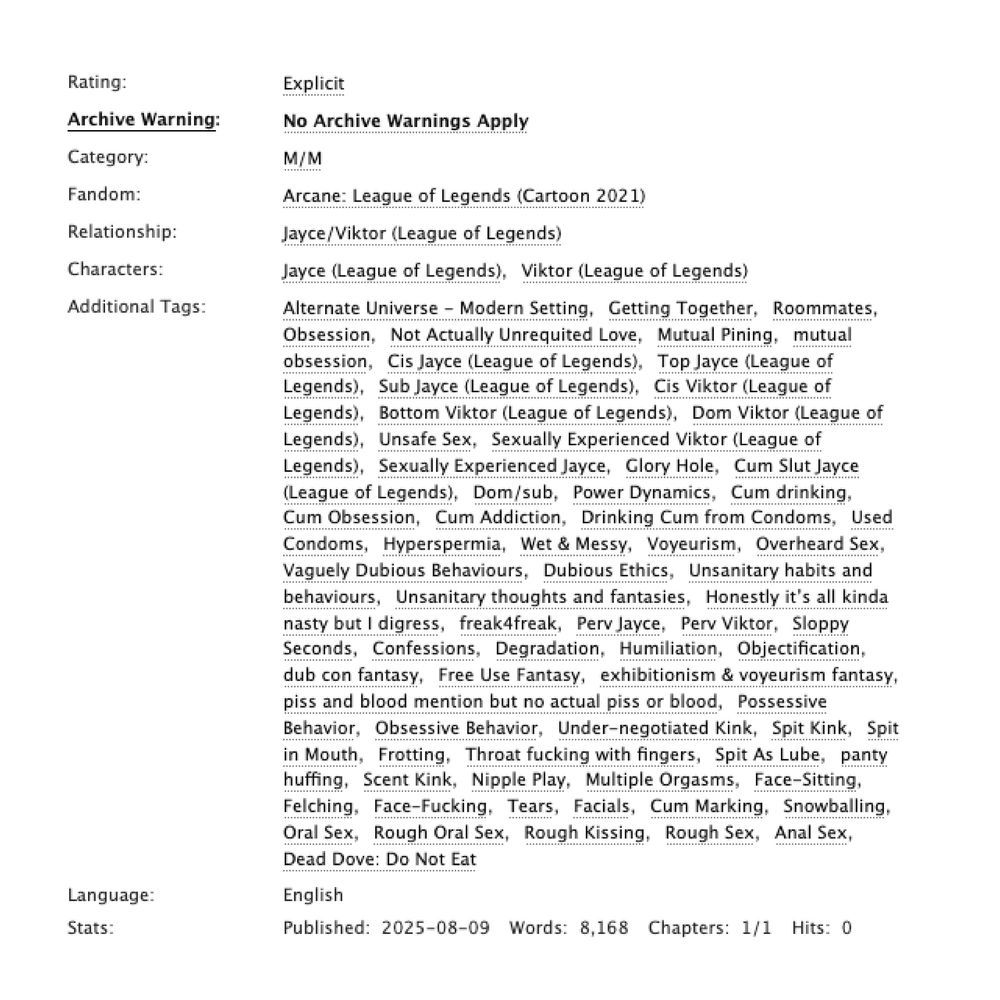 a screenshot for the tags and categories of the fic, rated explicit, no archive warnings apply, M/M, for Arcane, and jayvik as a ship. the tags are as follows: 
Alternate Universe - Modern Setting, Getting Together, Roommates, Obsession, Not Actually Unrequited Love, Mutual Pining, mutual obsession, Cis Jayce (League of Legends), Top Jayce (League of Legends), Sub Jayce (League of Legends), Cis Viktor (League of Legends), Bottom Viktor (League of Legends), Dom Viktor (League of Legends, )Unsafe Sex, Sexually Experienced Viktor (League of Legends), Sexually Experienced Jayce, Glory Hole, Cum Slut Jayce (League of Legends), Dom/sub, Power Dynamics, Cum drinking, Cum Obsession, Cum Addiction, Drinking Cum from Condoms, Used Condoms, Hyperspermia, Wet & Messy, Voyeurism, Overheard Sex, Vaguely Dubious Behaviours, Dubious Ethics, Unsanitary habits and behaviours, Unsanitary thoughts and fantasies, Honestly it’s all kinda nasty but I digress, freak4freak, Perv Jayce, Perv Viktor, Sloppy Seconds, Confessions, Degradation, Humiliation, Objectification, dub con fantasy, Free Use Fantasy, exhibitionism & voyeurism fantasy, piss and blood mention but no actual piss or blood, Possessive Behavior, Obsessive Behavior, Under-negotiated Kink,, Spit Kink, Spit in Mouth, Frotting, Throat fucking with fingers, Spit As Lube, panty huffing, Scent Kink, Nipple Play, Multiple Orgasms, Face-Sitting, Felching, Face-Fucking, Tears, Facials, Cum Marking, Snowballing, Oral Sex, Rough Oral Sex, Rough Kissing, Rough Sex, Anal Sex, Dead Dove: Do Not Eat 

