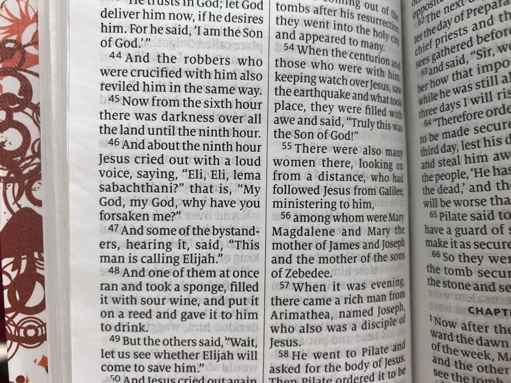 A picture of the new Gospel text from Matthew 27:46 which says:

And about the ninth hour Jesus cried out with a loud voice, saying, “Eli, Eli, lema sabachthani?” That is, “My God My God, why have you forsaken me?”