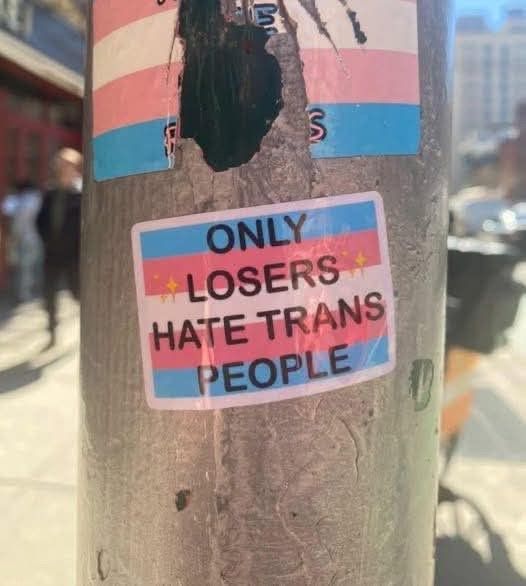 Sticker of the trans pride flag on a metal pole, with overlaid text that reads: “only losers hate trans people”.
