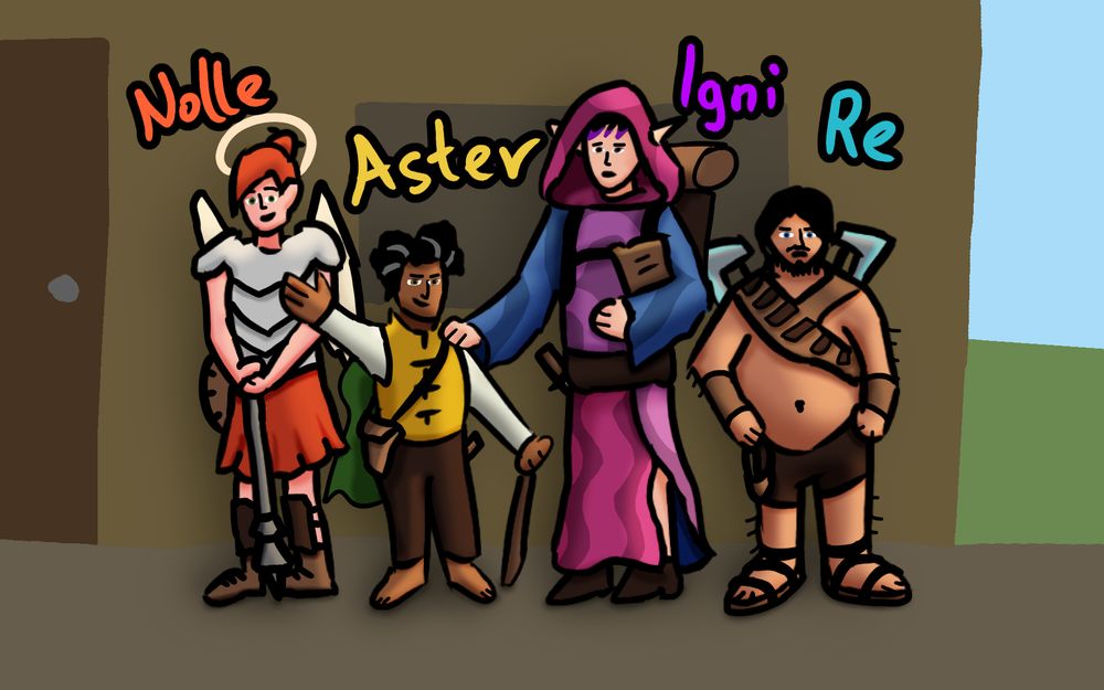 Color drawing of a Dungeons & Dragons party. There are 4 adventurers:
1. Nolle - a red-headed half-angel wearing plate armor and a skirt.
2. Aster - a brown middle-aged halfling wearing a prim dress vest.
3. Igni - a lanky pale human wearing colorful purple robes.
4. Re - a rotund dwarf wearing... not much of anything.