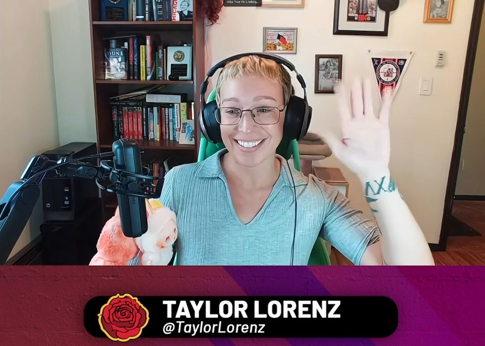 Screenshot of Alyssa Mercante being interviewed by Mike from PA on Twitch. Her name card says "Taylor Lorenz"