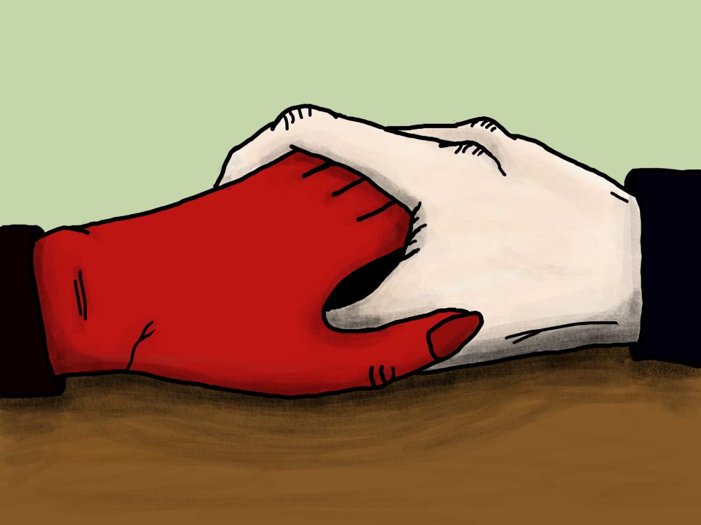 A digital drawing in a cartoon style of two hands in an embrace on a table. The one on the left is red and femme the one on the right is of a white person and masc.